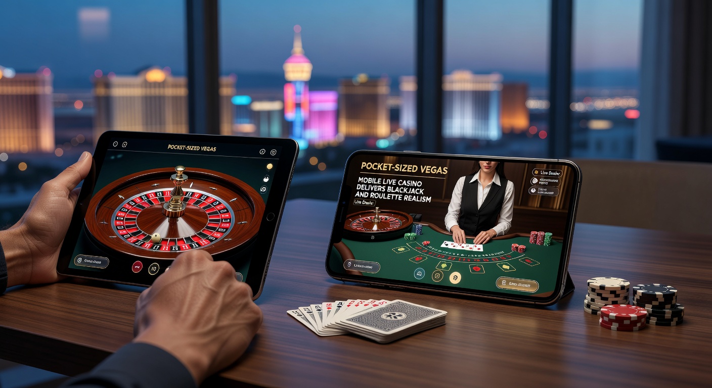 Nahaufnahme eines Roulettetisches in einem Live-Mobile-Casino, mit Dealer, der die Kugel dreht, und Smartphone-Bildschirm-Overlay
